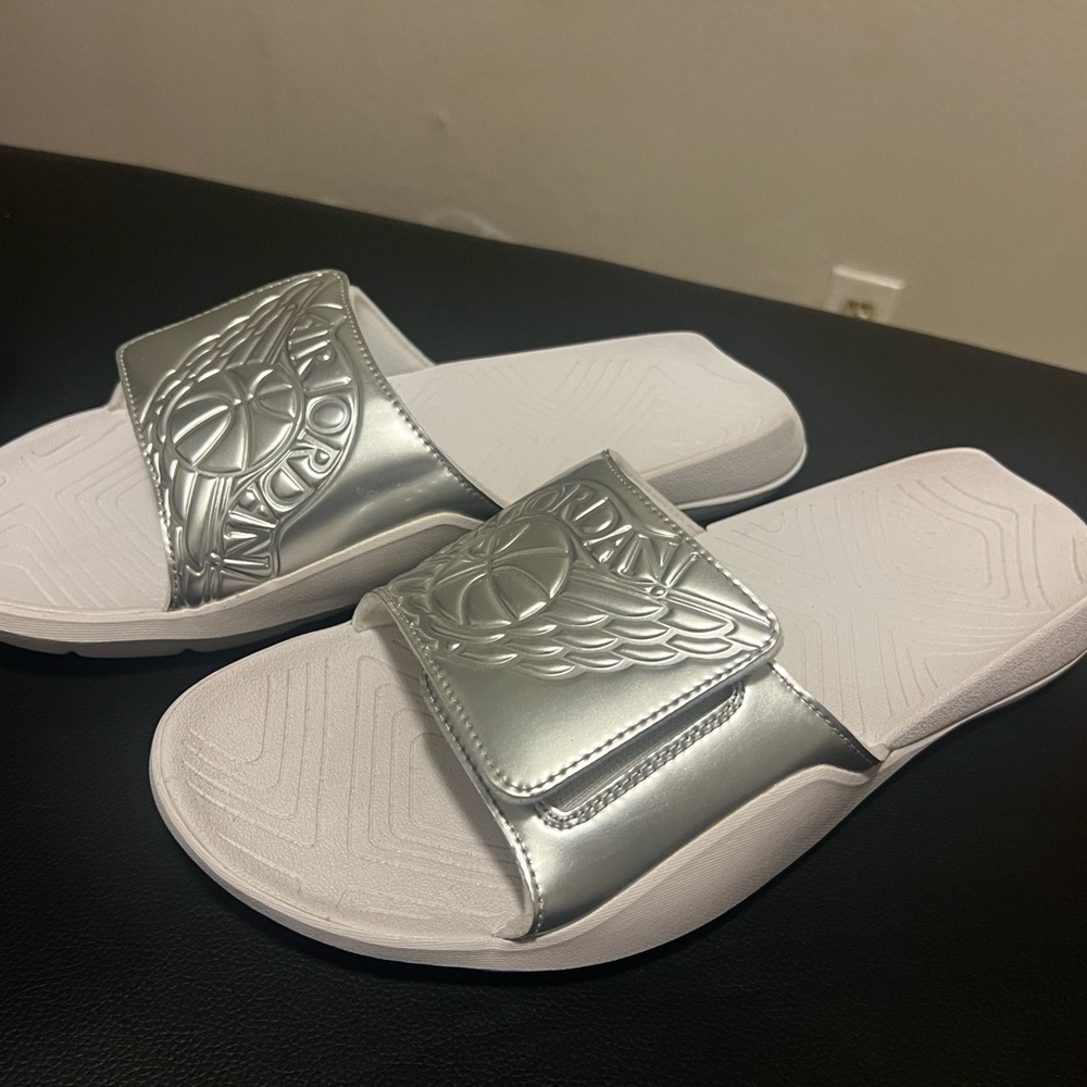 Jordan Women's Silver Metallic Slide Sandals with White Footbed